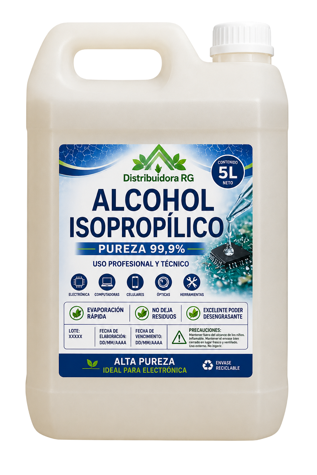 Alcohol Isopropílico 99,9% Alta Pureza – Bidón x 5 Litros | Limpieza Electrónica y Técnica