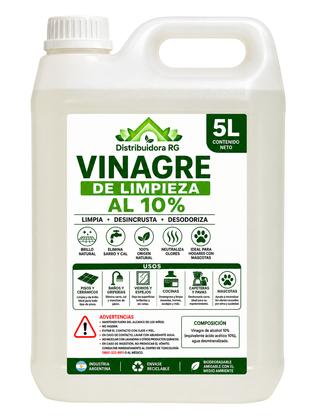 Vinagre de Limpieza al 10% Premium - Bidón 5 Litros