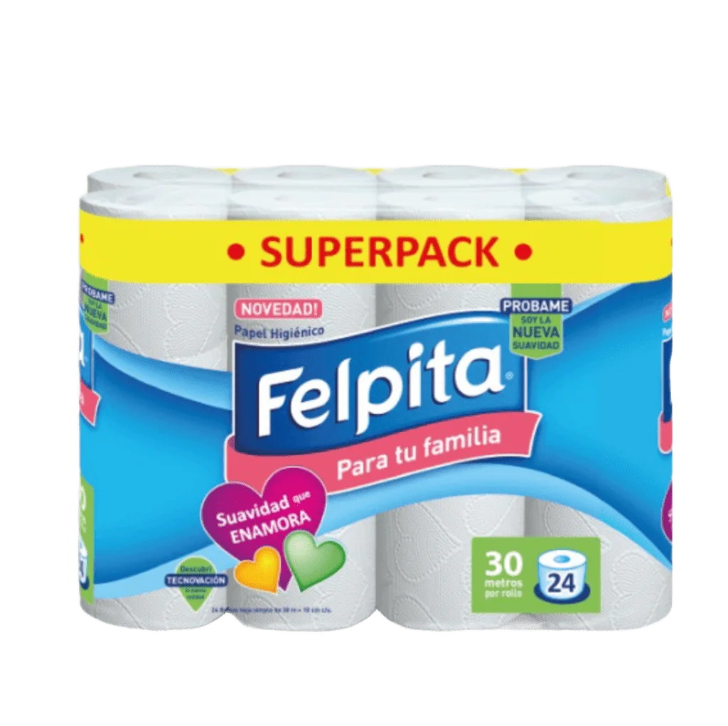 Papel higiénico Felpita hoja simple. Paquete con 24 rollos de 30 mts cada rollo.