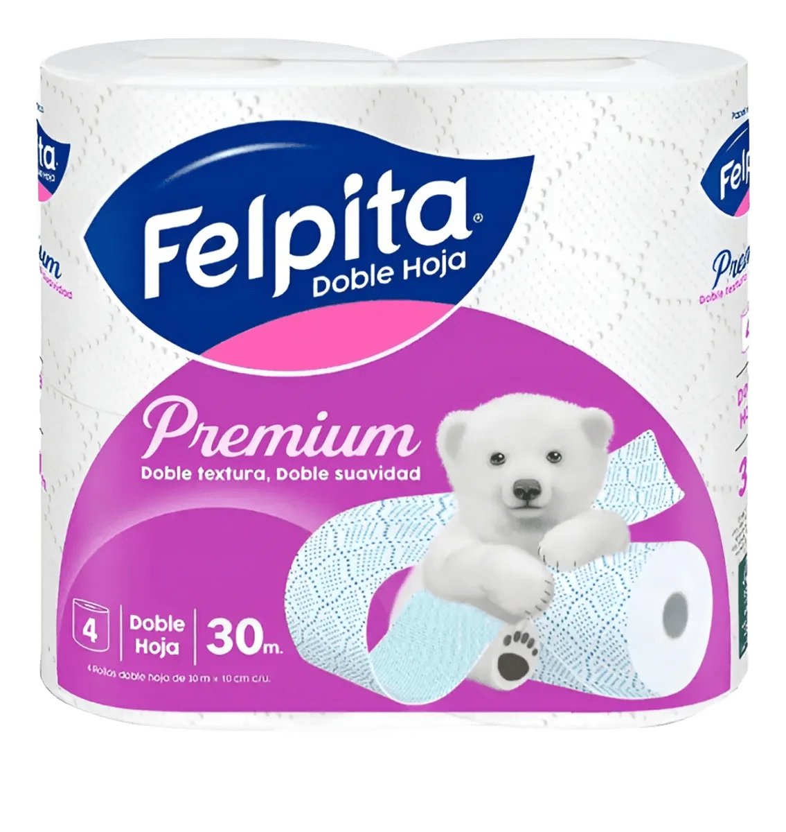 Papel higiénico Felpita doble hoja. Paquete con 4 rollos de 30 mts cada rollo.