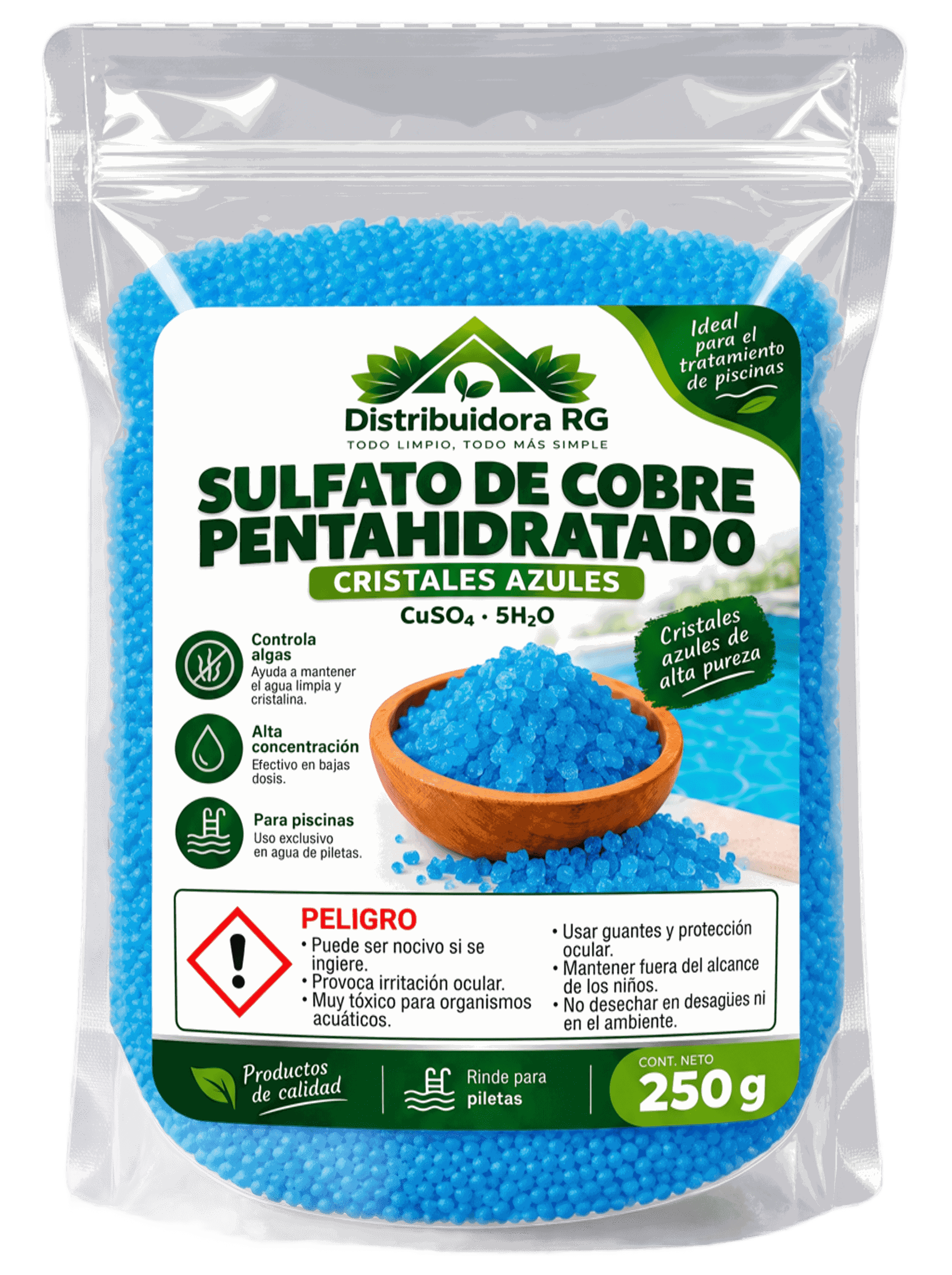 Sulfato de Cobre Pentahidratado RG 250 g | Cristales Azules para Piscinas