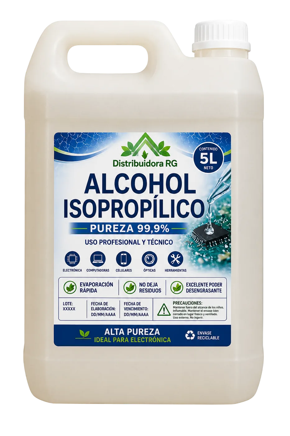 Alcohol Isopropílico 99,9% RG 5 Litros | Limpieza Electrónica
