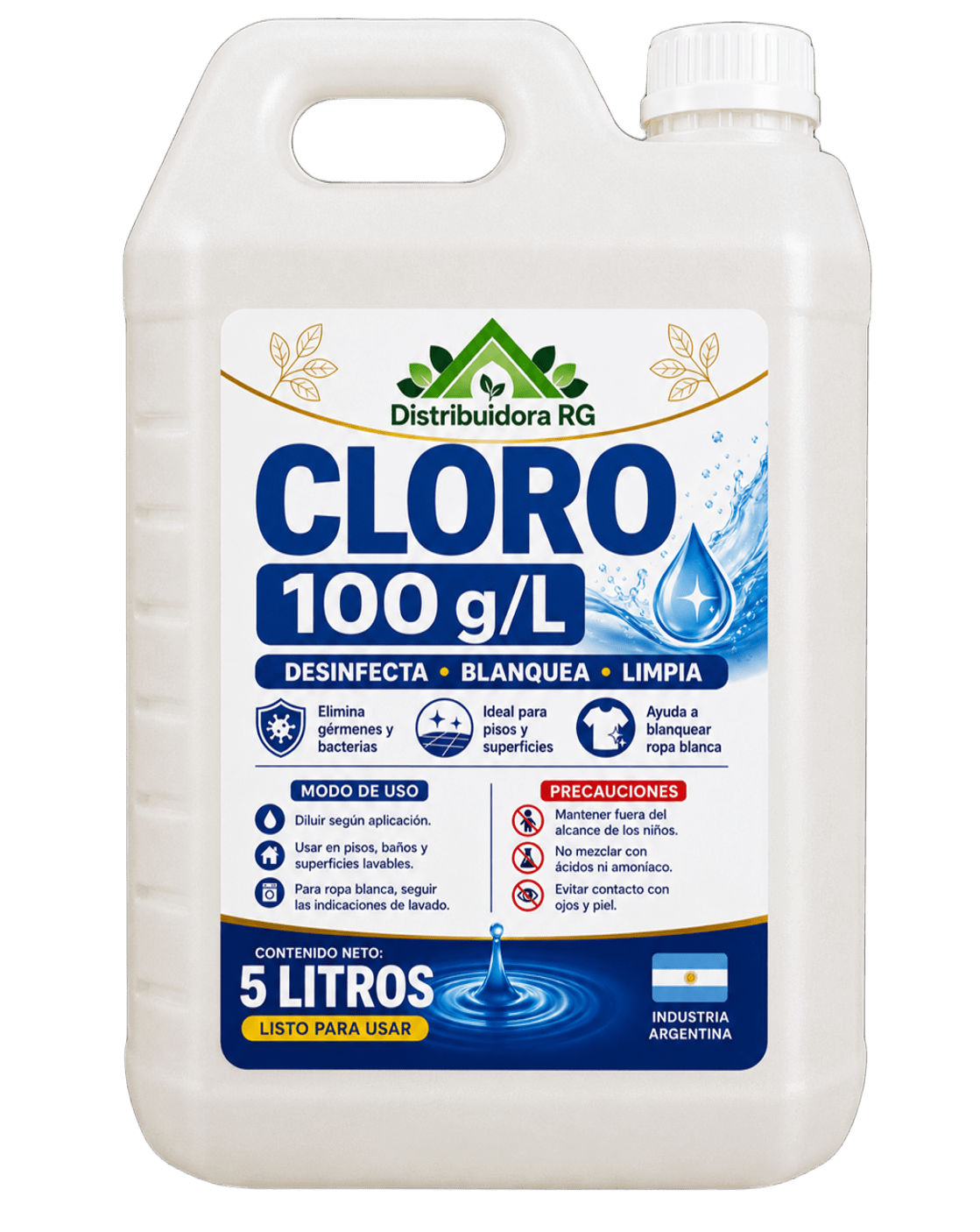 Cloro 100 g/L 5 Litros – Desinfectante Multiuso Listo para Usar | Distribuidora RG
