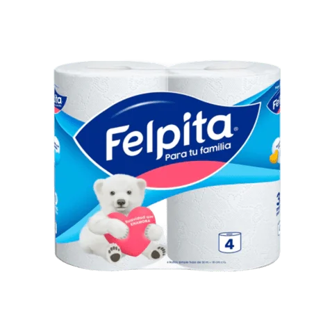 Papel higiénico Felpita hoja simple. Paquete con 4 rollos de 30 mts cada rollo.